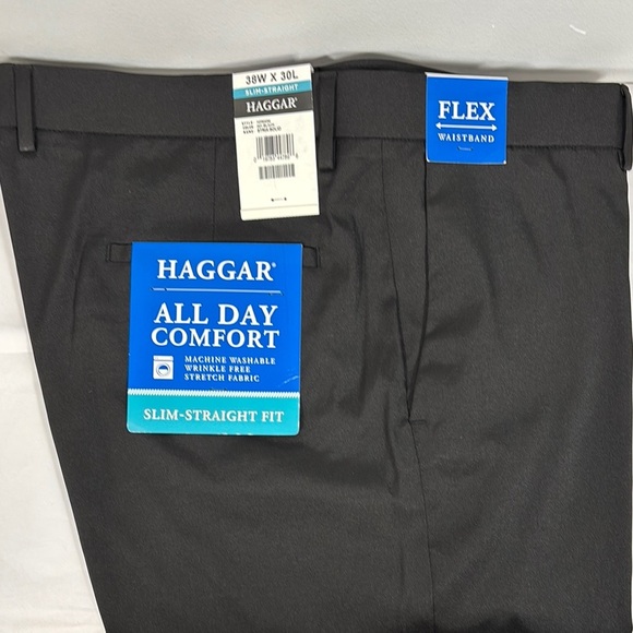 Haggar Black Slim-Straight Fit Dress Pants Flat Front 38 x30 Flex Waist NWT - Picture 1 of 7